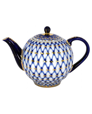 Russian Imperial Lomonosov Porcelain Cobalt Net Teacup Saucer Lid Set 