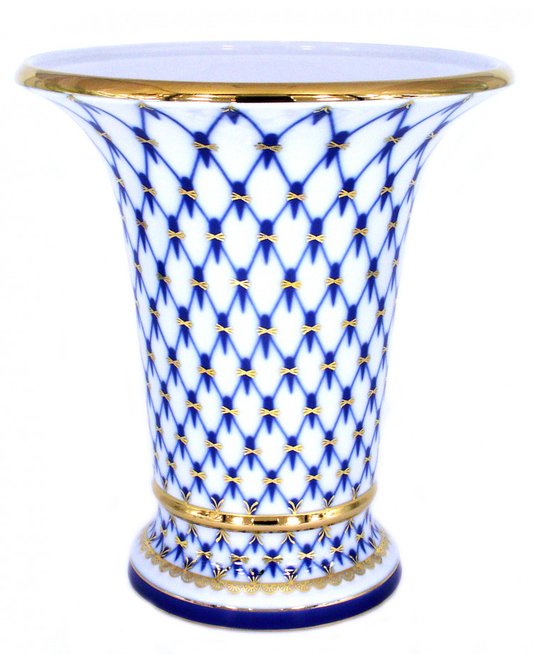 8-inch Cobalt Net Flowers Vase by Imperial Porcelain Russia Empire Shape 
