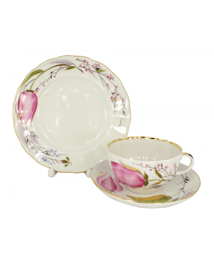Imperial/Lomonosov Porcelain Pink Tulips Teacup with Saucer 8.5 fl oz. 250 ml 