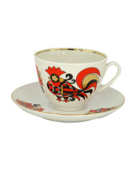 LOMONOSOV IMPERIAL PORCELAIN TEACUP AND SAUCER SPRING RED ROOSTERS 230 ML 7.8 OZ