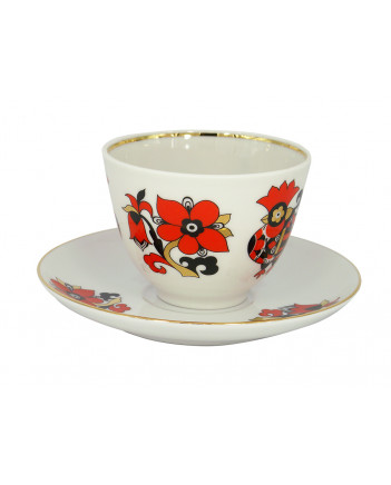 LOMONOSOV IMPERIAL PORCELAIN TEACUP AND SAUCER SPRING RED ROOSTERS 230 ML 7.8 OZ