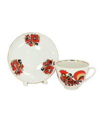 LOMONOSOV IMPERIAL PORCELAIN TEACUP AND SAUCER SPRING RED ROOSTERS 230 ML 7.8 OZ
