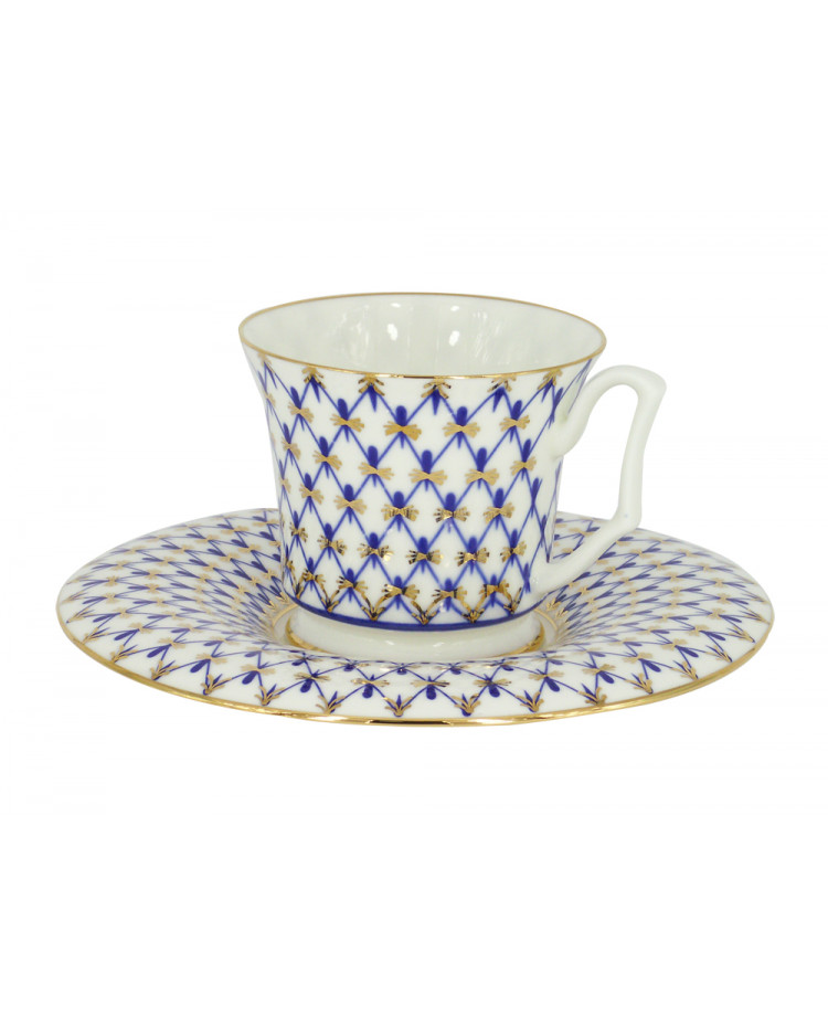 Russian Imperial Lomonosov porcelain bone coffee cup saucer Cobalt net 