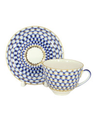 LOMONOSOV IMPERIAL PORCELAIN TEACUP AND SAUCER SPRING COBALT NET 230 ML/7.8 OZ