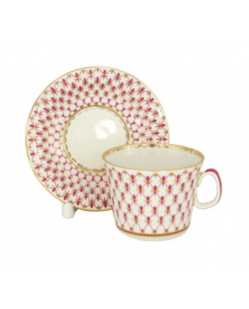LOMONOSOV IMPERIAL PORCELAIN TEACUP AND SAUCER YOUTH RED NET 210 ML 7.1 OZ