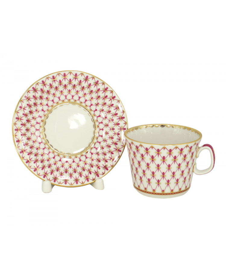 Lomonosov Porcelain Tea/Coffee Cup and Saucer Red Net 7 oz/210 ml 