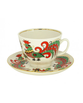 11 fl oz Imperial Porcelain Tea Cup and Saucer Lomonosov Roosters Pattern 