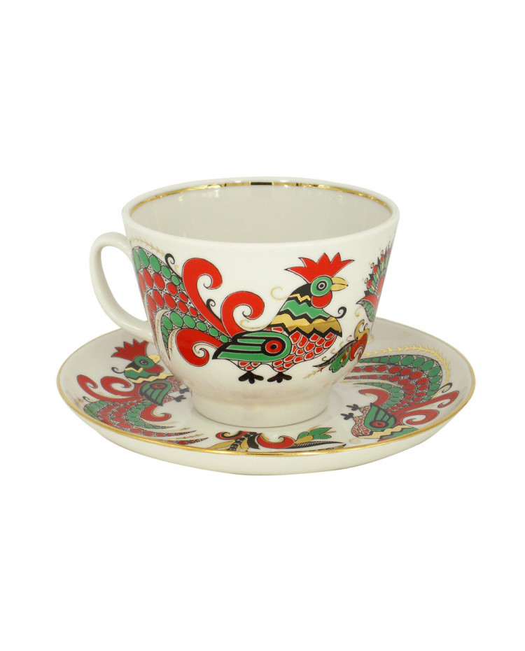 8.4 fl oz Imperial Porcelain Tea Cup and Saucer Lomonosov Porcelain Roosters 