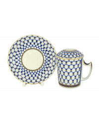 LOMONOSOV IMPERIAL PORCELAIN COVERED STEEP MUG AND SAUCER COBALT NET 380 ml 12.6 oz