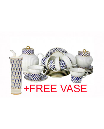 LOMONOSOV IMPERIAL BONE CHINA PORCELAIN TEA SET SERVICE COBALT NET WAVE 20 items + FREE VASE