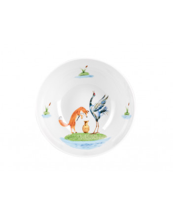 LOMONOSOV IMPERIAL PORCELAIN BABY SET 3PC: CUP, PLATE AND BOWL FOX AND CRANE FAIRYTALE