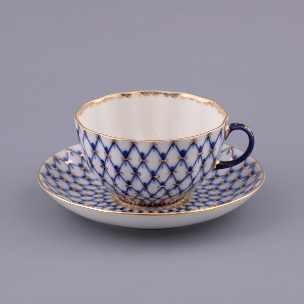 Cobalt Net Tea Cup and Saucer, Tulip Shape