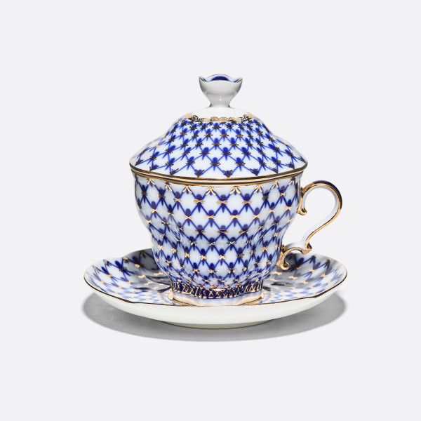 Cobalt Net Lidded Cup and Saucer, Tea Gift 2 Shape