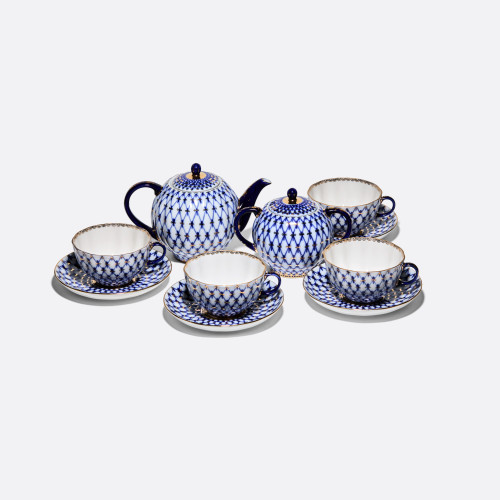 Cobalt Net Tea Set, Tulip Shape, for 6, 14 pieces