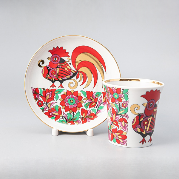 Red Cockerel Mug and Saucer, Leningrad Shape