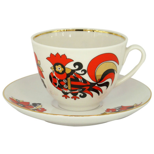 Red Cockerels Tea Cup and Saucer, Spring Shape