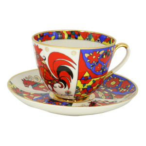 Folk Pattern Tea Cup and Saucer, Spring Shape
