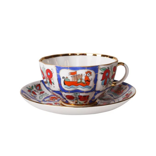 Russian Lubok Tea Cup and Saucer, Tulip Shape Russian Lubok Tea Cup and Saucer, Tulip Shape