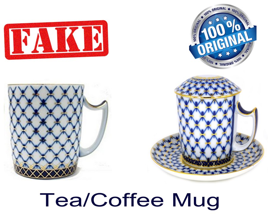 Fake and original Cobalt Net mug side by side