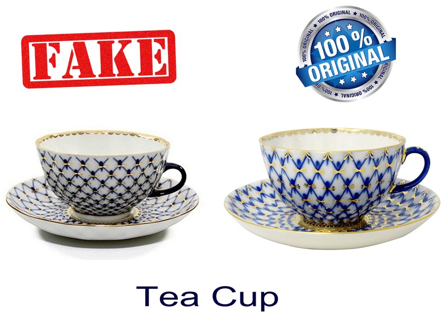 Fake and original Cobalt Net tea cup and saucer side by side