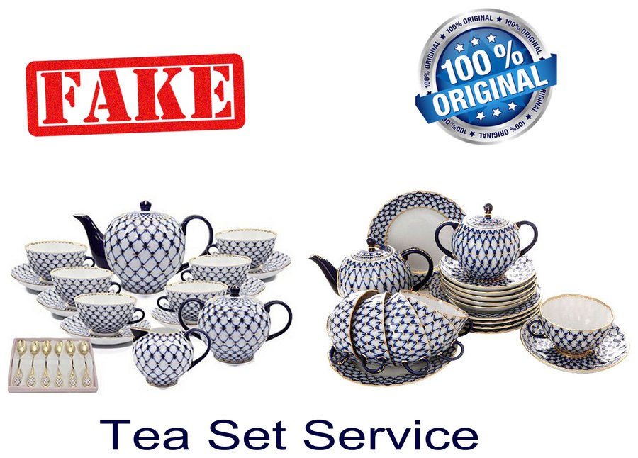 Fake and original Cobalt Net tea set side by side