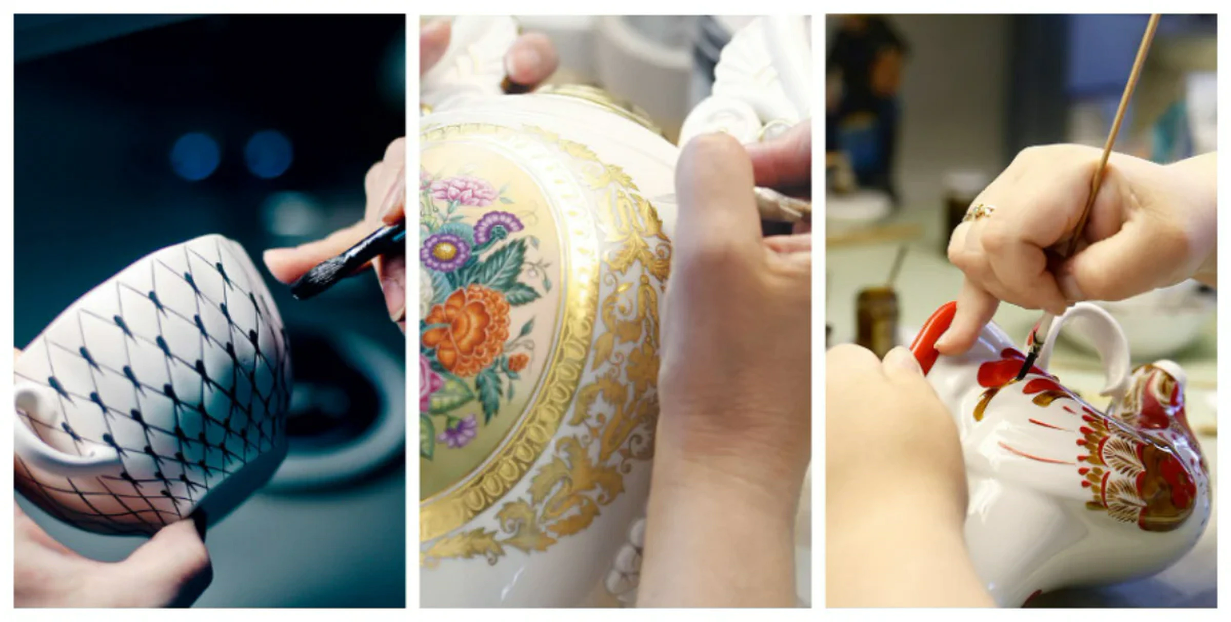 Artisans painting porcelain tableware by hand