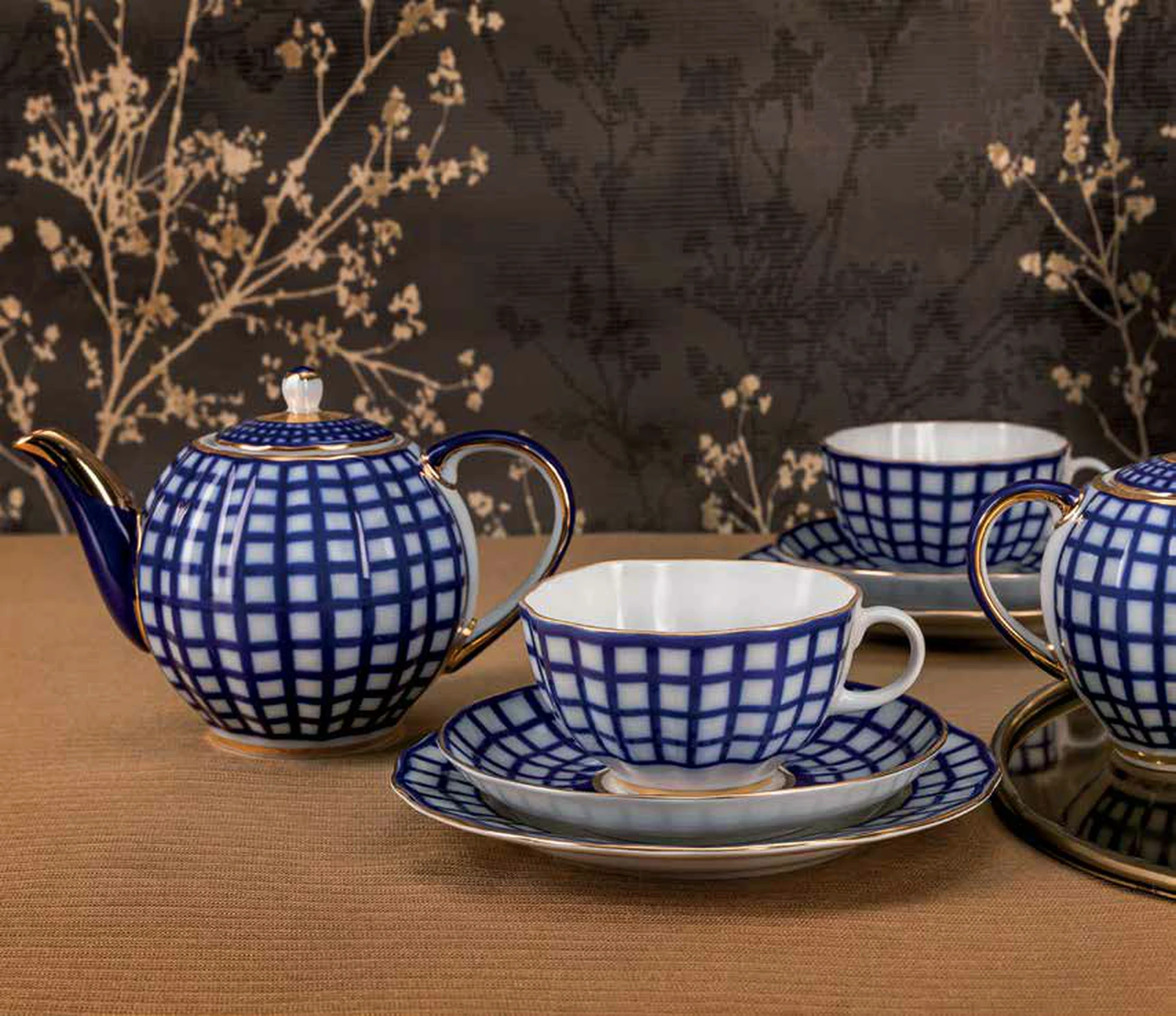 Blue and white hand-painted porcelain service from the Cobalt collection