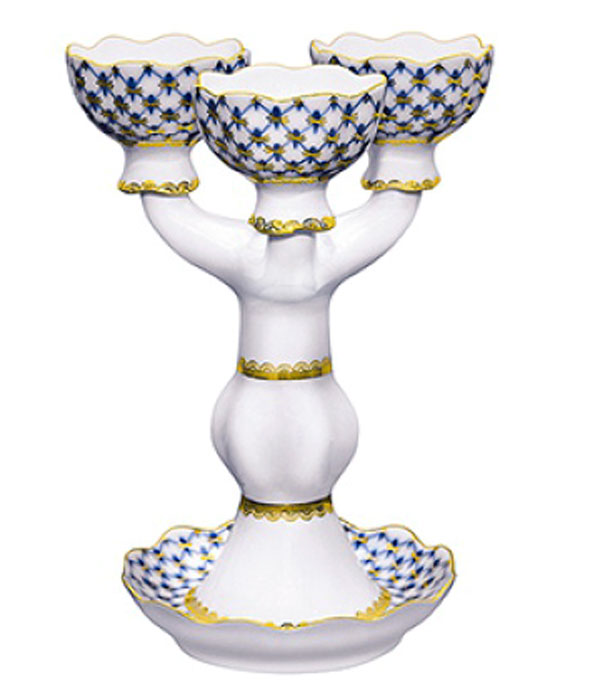 Lomonosov Porcelain Candle Holder Cobalt Net 3 Sticks