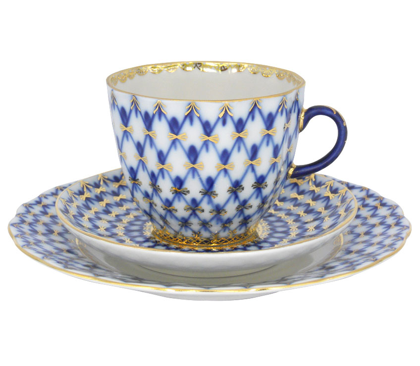 Lomonosov Porcelain Coffee Cup and Saucer and Plate Cobalt Net Espresso Tulip 4.7 oz