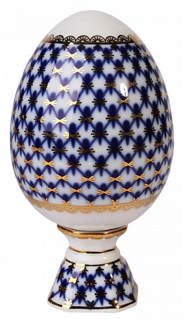 Lomonosov Porcelain Easter Egg on Stand Cobalt Net