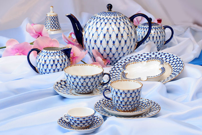 Lomonosov Porcelain Tea Set Cobalt Net Tulip 20 items for 6 persons