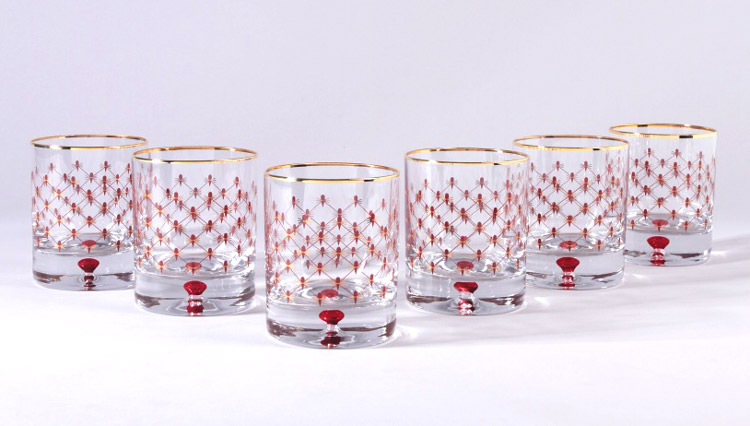Lomonosov Glass Whiskey Lowball Red Net Set 6 pc 8.5 fl.oz