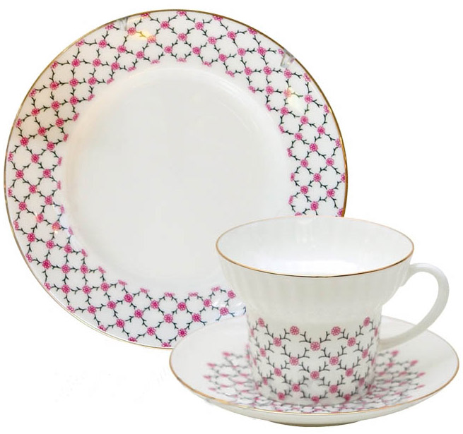 Lomonosov Bone China Cup and Saucer Pink Net Wave 5,24 oz/155 ml