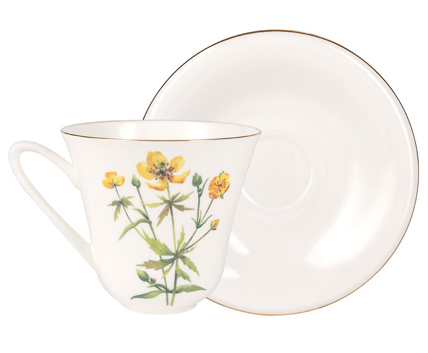 Lomonosov Porcelain Bone China Tea Set Cup and Saucer Buttercup Flower 7.3 fl.oz/200 ml