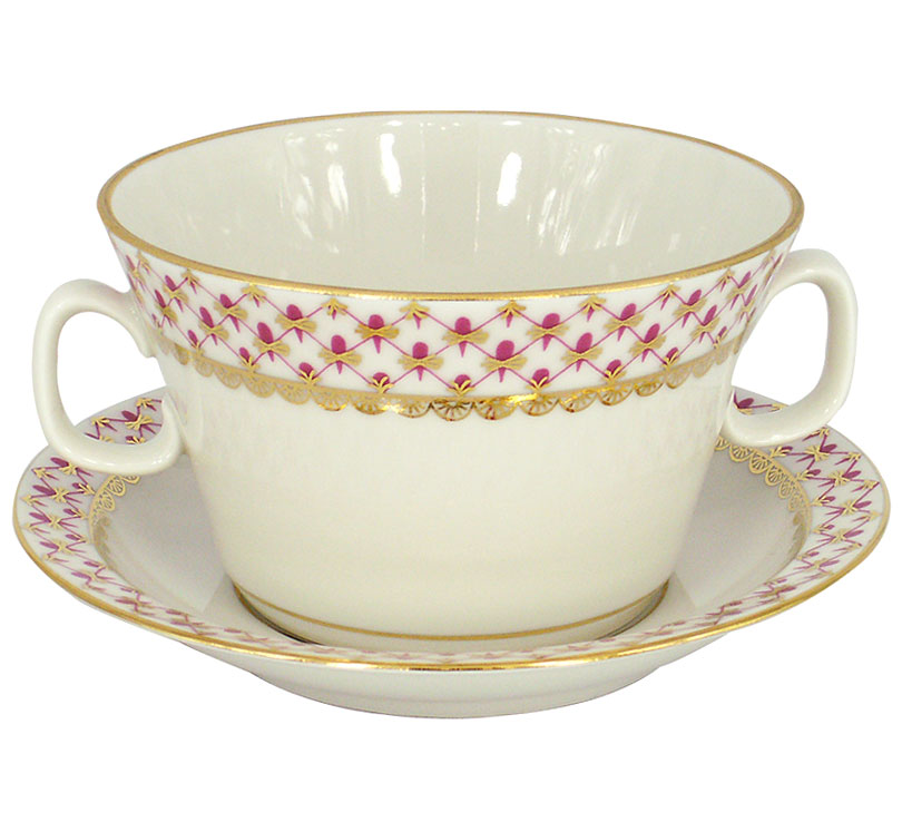 Lomonosov Porcelain Soup Bowl and Saucer Red Net 12.7 oz/360 ml