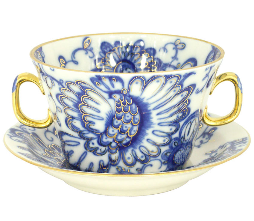 Lomonosov Porcelain Soup Bowl and Saucer Singing Garden 12.7 oz/360 ml