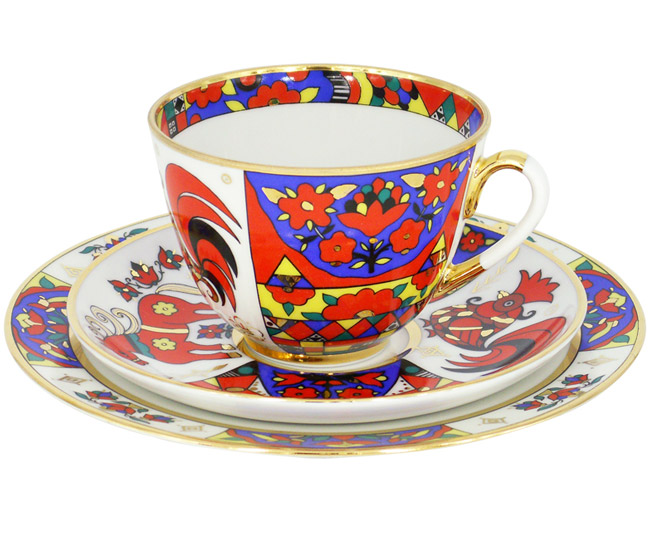 Lomonosov Porcelain Tea Cup Set 3pc Spring Folk Patterns 7.8 oz/230 ml