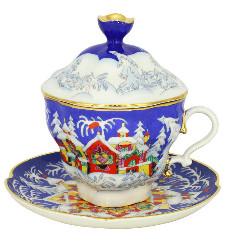 Lomonosov Porcelain Covered Cup and Saucer Christmas Winter Fairy Tale