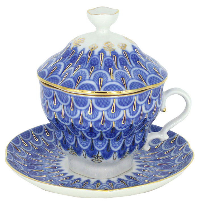 Lomonosov Porcelain Covered Cup and Saucer Forget Me Not Gift-2 8.45 oz/250 ml