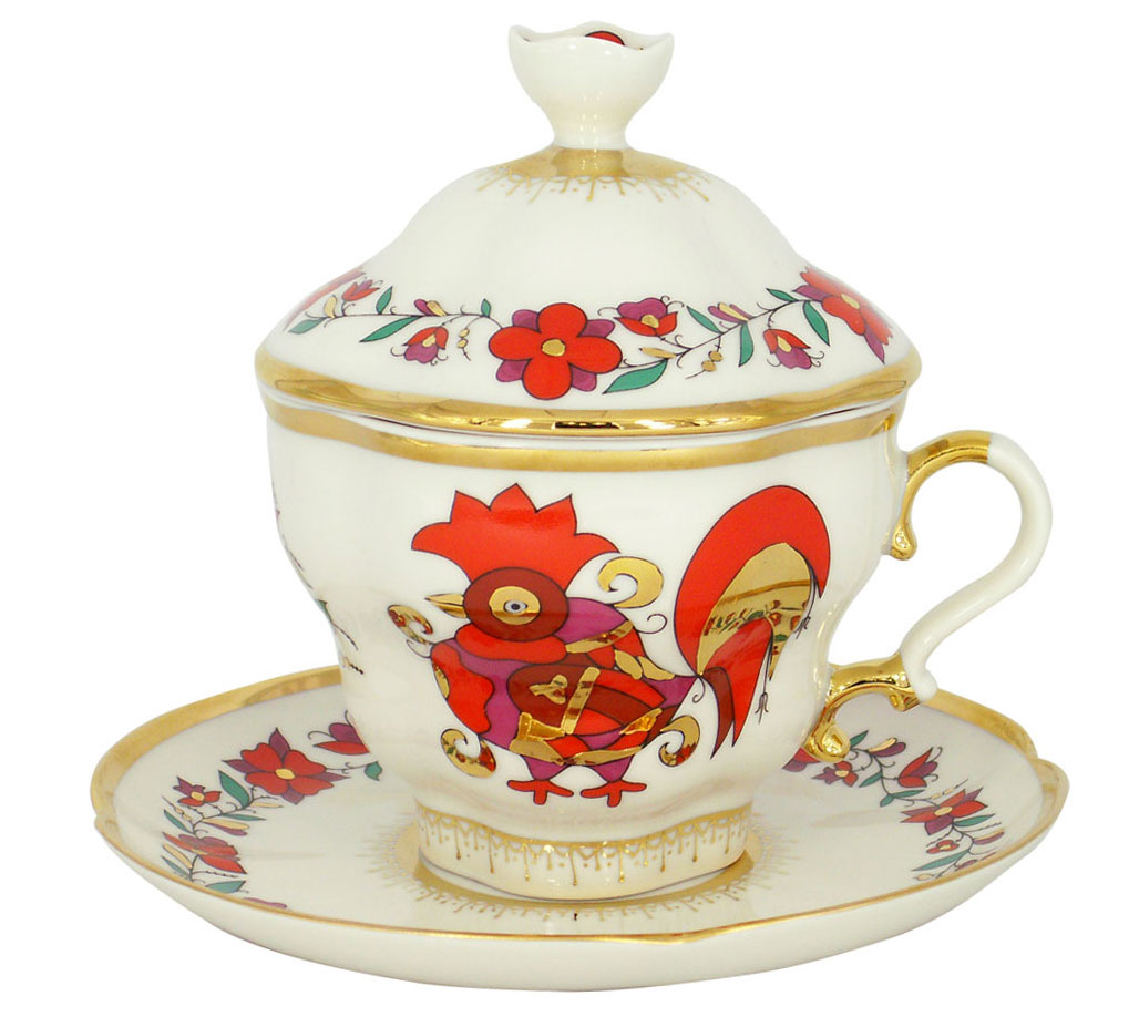 Lomonosov Porcelain Covered Cup and Saucer Red Roosters Gift-2 8.45 oz/250 ml