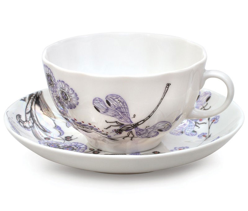 Lomonosov Porcelain Tea Set Cup and Saucer Tulip Dragonfly Whisper