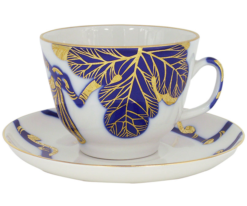 Lomonosov Porcelain Tea Set Cup and Saucer Golden Fig Tree 11.8 oz/350 ml