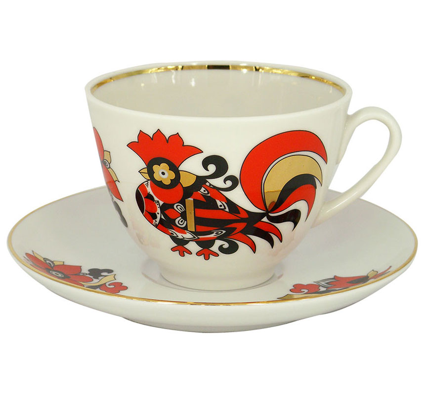  Lomonosov Porcelain Tea Set Cup and Saucer Spring Red Cockerels 7.8 oz/230ml