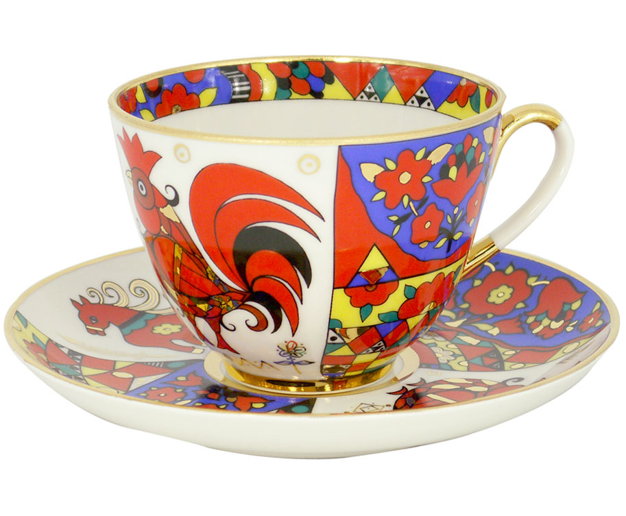 Lomonosov Porcelain Tea Set Cup and Saucer Spring Folk Patterns 7.8 oz/230 ml