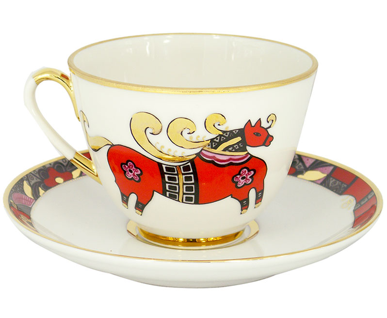 Lomonosov Porcelain Tea Set Cup and Saucer Spring Red Horse 7.8 oz/230 ml