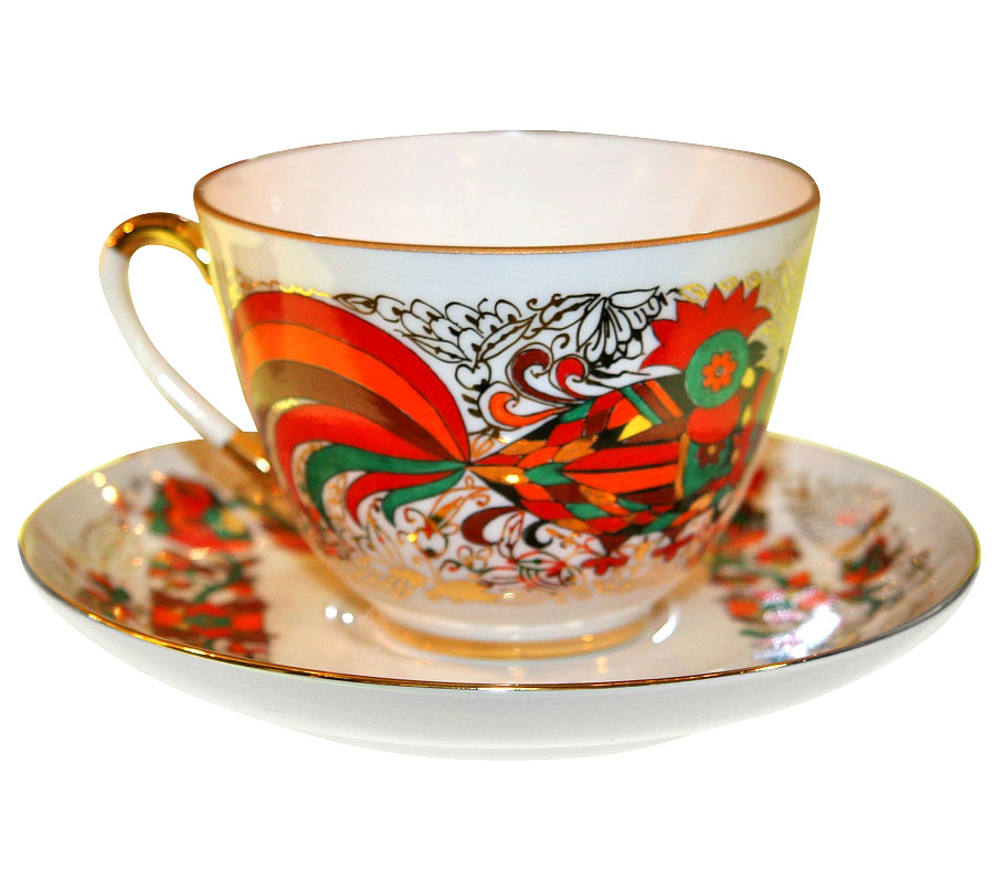 Lomonosov Porcelain Tea Set Cup and Saucer Spring Red Rooster 7.8 oz/230 ml