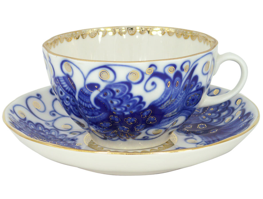 Lomonosov Porcelain Tea Set Cup and Saucer Tulip Magic Fire Bird 8.45 oz/250 ml