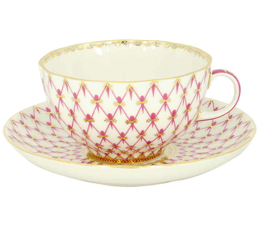 Lomonosov Porcelain Tea Set Cup and Saucer Tulip Red Net Blues 8.45 oz/250 ml
