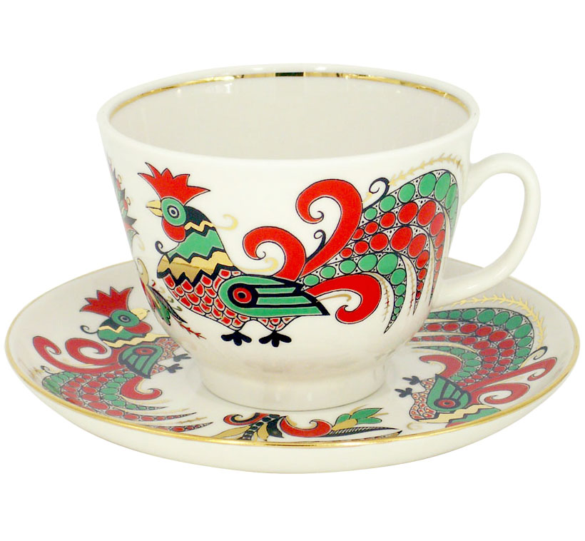 Lomonosov Porcelain Tea Set Cup and Saucer Two Roosters 
