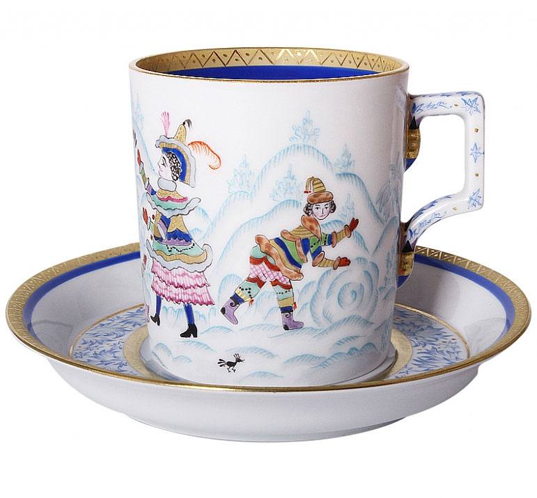 Lomonosov Porcelain Tea Set Cup and Saucer Winter Fun (2) 7.4 oz/220 ml